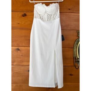 NWT Lulus Exquisitely Sultry White Lace Strapless Bustier Midi Dress Gala Size M